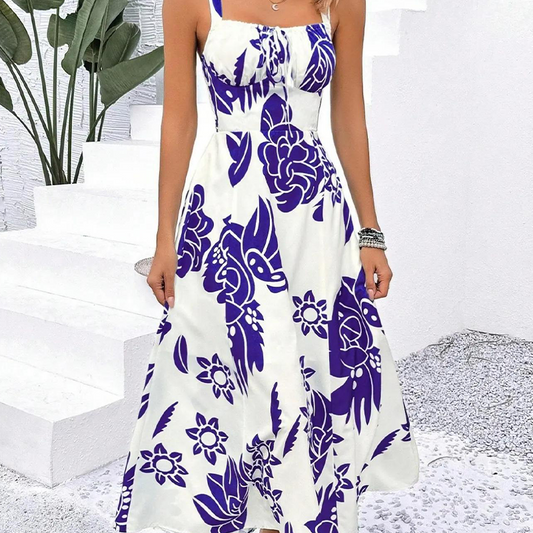 🌺 PROMO LIMITÉE 50% DE RÉDUCTION ! 👗 Robe Imprimée à Bretelles Fines – Dos Froncé, Coupe Trapèze, Légère 🦋