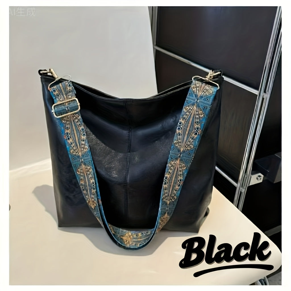 Boheemse stijl schoudertas voor dames met grote capaciteit, vintage crossbodytas met brede band