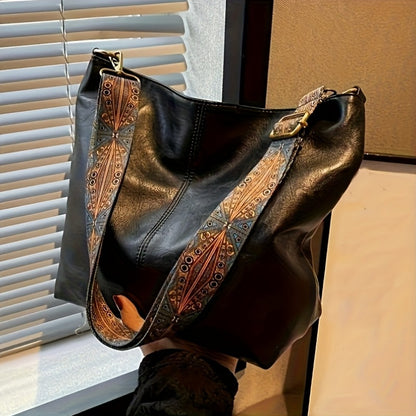 Boheemse stijl schoudertas voor dames met grote capaciteit, vintage crossbodytas met brede band