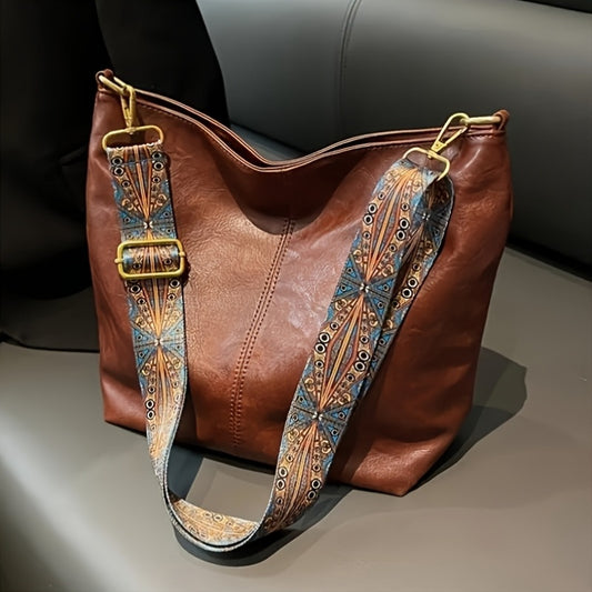 Boheemse stijl schoudertas voor dames met grote capaciteit, vintage crossbodytas met brede band