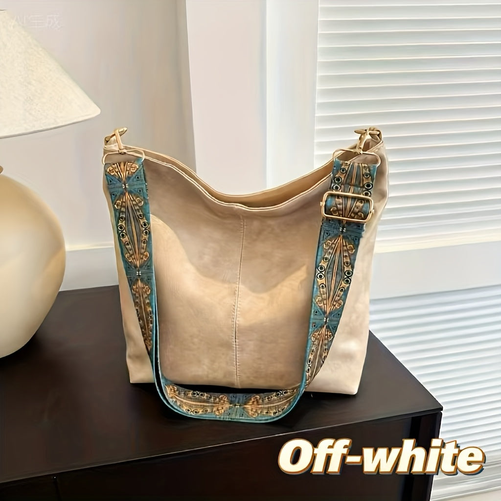 Boheemse stijl schoudertas voor dames met grote capaciteit, vintage crossbodytas met brede band