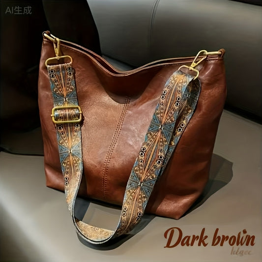 Boheemse stijl schoudertas voor dames met grote capaciteit, vintage crossbodytas met brede band