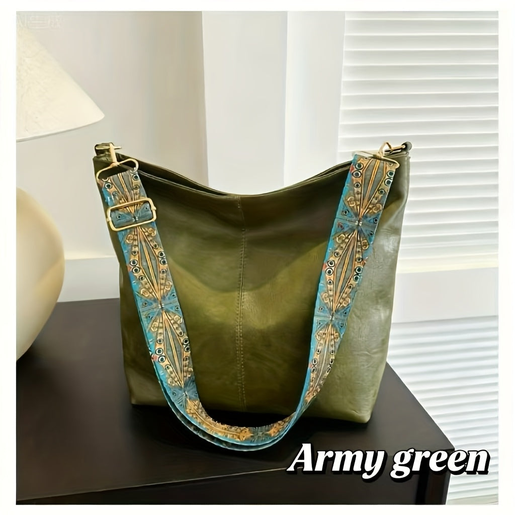 Boheemse stijl schoudertas voor dames met grote capaciteit, vintage crossbodytas met brede band