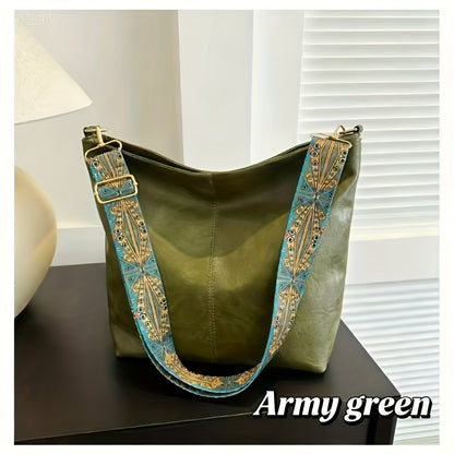 Boheemse stijl schoudertas voor dames met grote capaciteit, vintage crossbodytas met brede band