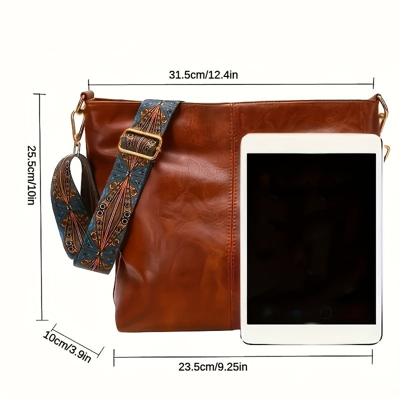 Boheemse stijl schoudertas voor dames met grote capaciteit, vintage crossbodytas met brede band