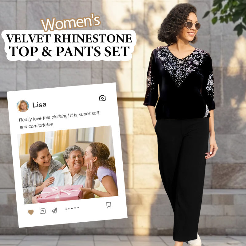 💃Nouveau design 2025🔥Ensemble top et pantalon en velours avec strass pour femme