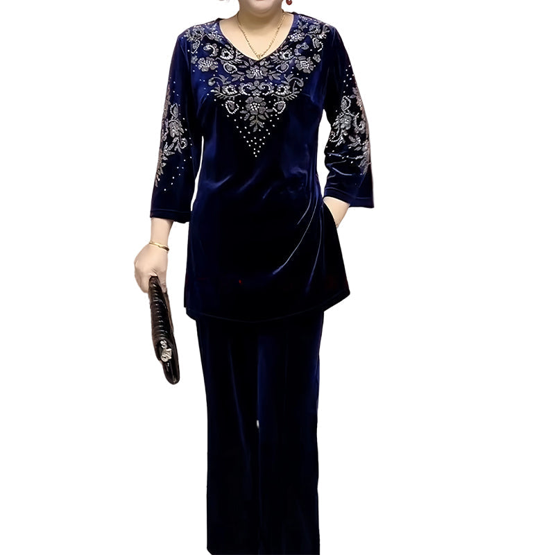 💃Nouveau design 2025🔥Ensemble top et pantalon en velours avec strass pour femme