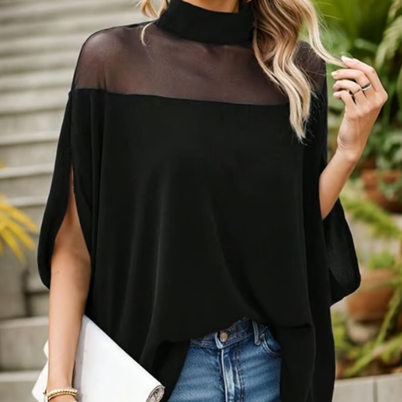 💥 PROMO LIMITÉE 50% DE RÉDUCTION ! 🦇 Chemisier Chauve-Souris à Col Haut pour Femme – Coupe Ample, Détail Transparent ✨