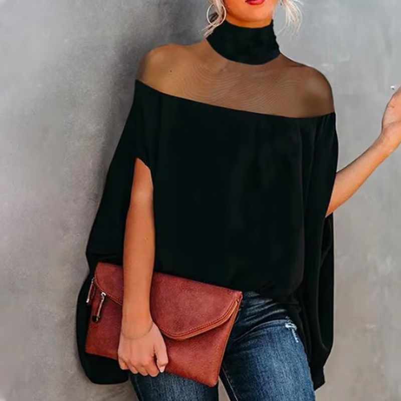 💥 PROMO LIMITÉE 50% DE RÉDUCTION ! 🦇 Chemisier Chauve-Souris à Col Haut pour Femme – Coupe Ample, Détail Transparent ✨