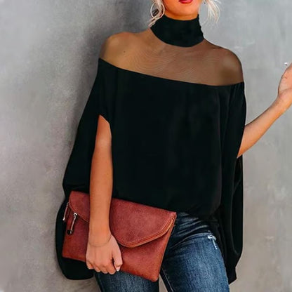 💥 PROMO LIMITÉE 50% DE RÉDUCTION ! 🦇 Chemisier Chauve-Souris à Col Haut pour Femme – Coupe Ample, Détail Transparent ✨