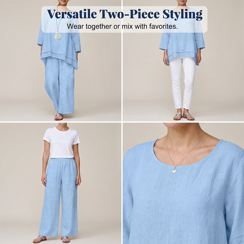 👚 50% DE RÉDUCTION! 💃 Ensemble Tunique Ample & Pantalon à Jambes Larges – Look Décontracté, Tissu Léger & Parfait Pour Le Printemps/Été 🌸
