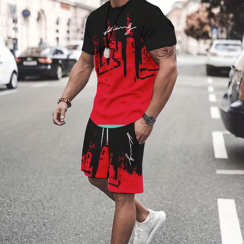 👕 50% DE RÉDUCTION EN CE MOMENT ! 🔥 Ensemble t-shirt et short à imprimé graphique pour homme – Tissu doux, design audacieux, idéal pour les journées d'été ☀️