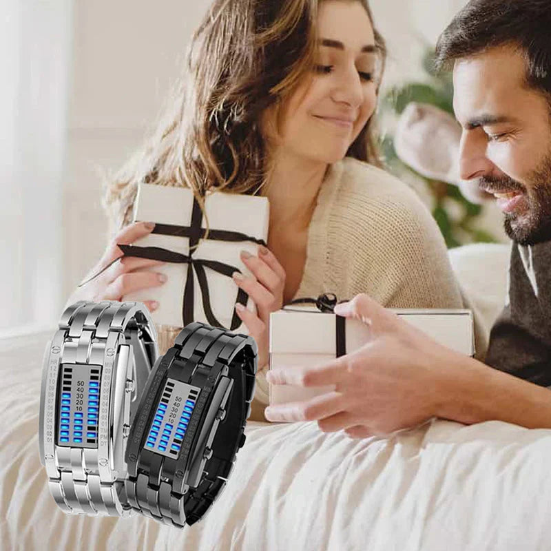 Montre binaire pour hommes, style bracelet en acier inoxydable avec LED, lumière bleue, sportive, plaquée sous vide, élégante