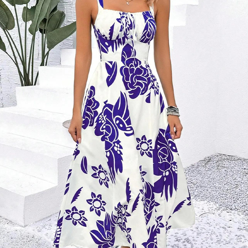 🌺 PROMO LIMITÉE 50% DE RÉDUCTION ! 👗 Robe Imprimée à Bretelles Fines – Dos Froncé, Coupe Trapèze, Légère 🦋