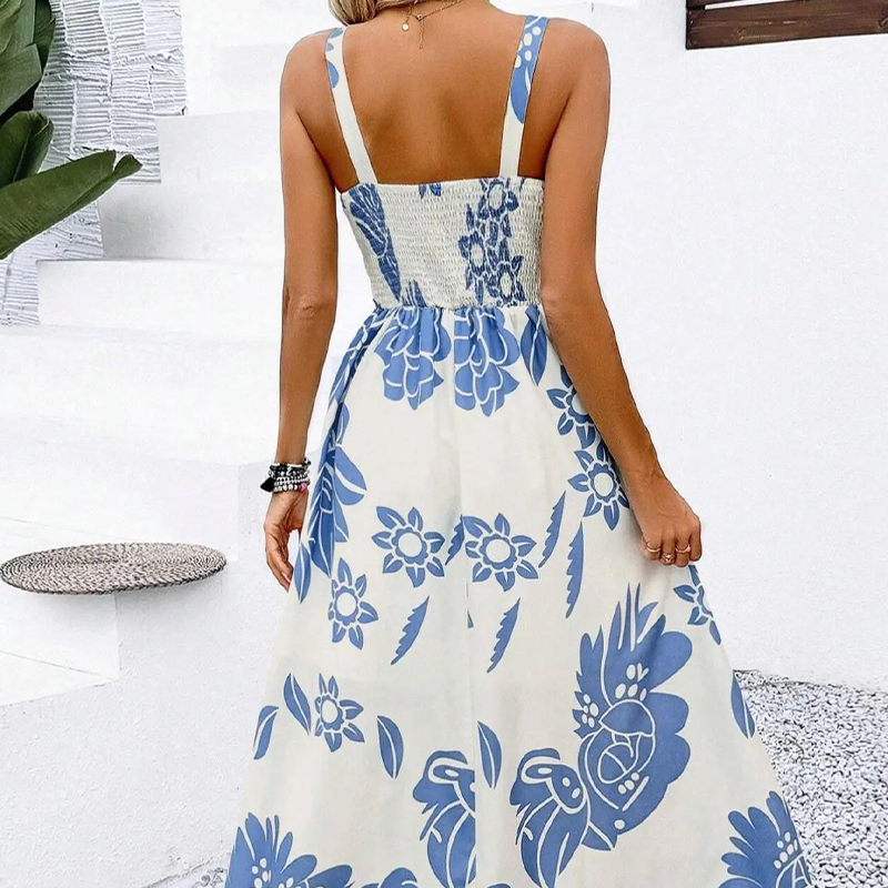 🌺 PROMO LIMITÉE 50% DE RÉDUCTION ! 👗 Robe Imprimée à Bretelles Fines – Dos Froncé, Coupe Trapèze, Légère 🦋