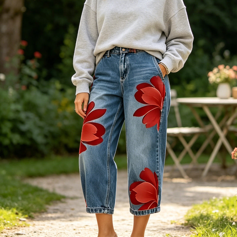 🌸 PROMOTION LIMITÉE 50% DE RÉDUCTION ! ✨ Jean Large Femme Brodé Fleuri – Artisanal, Moderne, Confortable 🌼